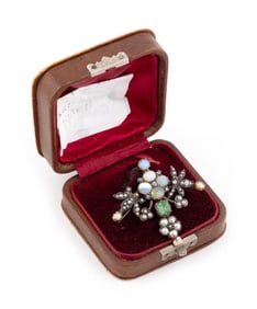 10KT YELLOW GOLD, OPAL, CULTURED PEARL, EMERALD AND DIAMOND PIN Approx. 4.37 total dwt.