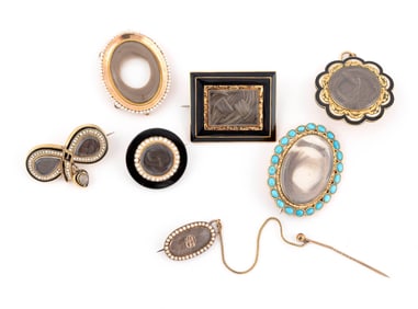 SEVEN 14KT GOLD MOURNING PINS Circa 1840 -1870 Approx. 39.80 total dwt.