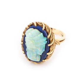 14KT YELLOW GOLD, LAPIS LAZULI AND CARVED OPAL CAMEO RING Approx. 5.78 total dwt.