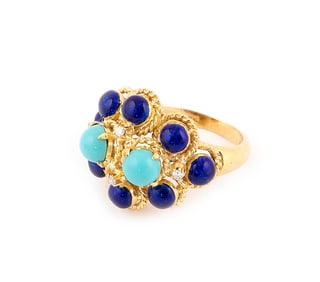 14KT YELLOW GOLD, DIAMOND, TURQUOISE AND ENAMEL RING Approx. 6.36 total dwt.