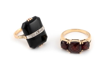 TWO 14KT YELLOW GOLD AND STONE RINGS Approx. 8.16 total dwt.