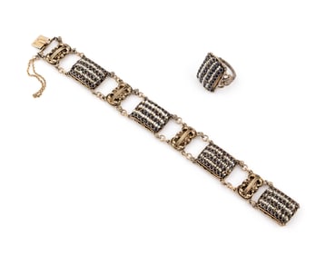 STERLING SILVER, SAPPHIRE AND CULTURED SEED PEARL NECKLACE AND RING Circa 1840 Approx. 27.90 total