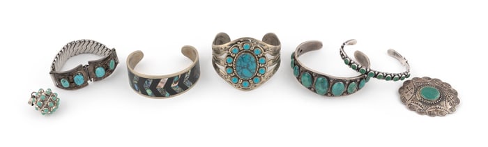 SEVEN PIECES OF SILVER, TURQUOISE AND ABALONE JEWELRY