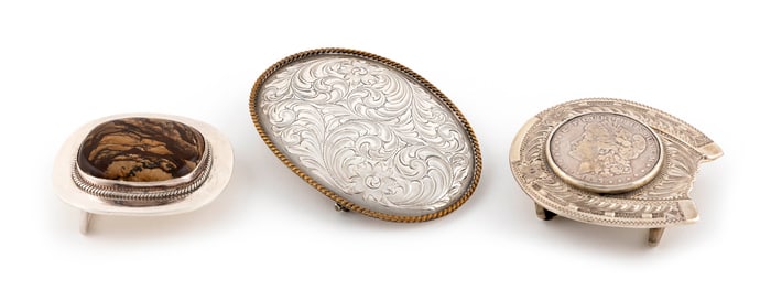 THREE STERLING SILVER BUCKLES Mid- to Late 20th Century Approx. 7.8 total troy oz.