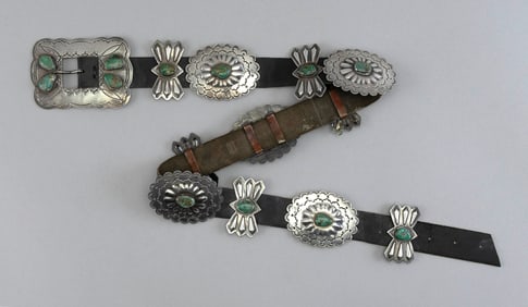 NAVAJO STERLING SILVER AND TURQUOISE CONCHO BELT Mid-20th Century Overall length 38".