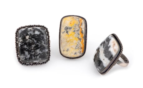 THREE NATIVE AMERICAN SILVER AND HARDSTONE RINGS Mid- to Late 20th Century Approx. 43 total grams