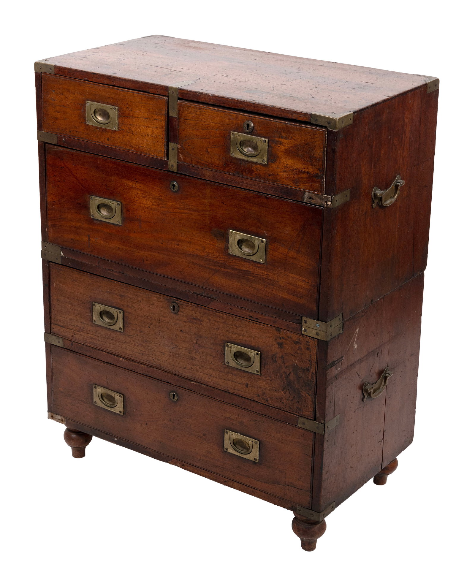BRASS-BOUND MAHOGANY CAMPAIGN CHEST Late 19th Century Height 38.5". Width 30". Depth 17".: BRASS-BOUND MAHOGANY CAMPAIGN CHEST Late 19th Century With five drawers and bun feet. Height 38.5". Width 30". Depth 17".