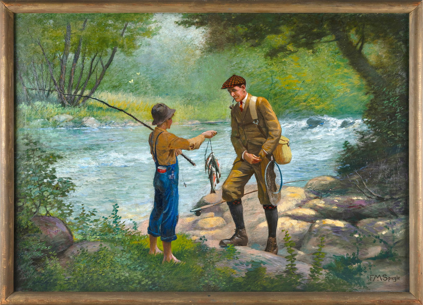 FREDERICK MOLADORE SPIEGLE (New York, 1863-1942), A young boy showing off his catch to a gentleman: FREDERICK MOLADORE SPIEGLE New York, 1863-1942 A young boy showing off his catch to a gentleman fisherman, possibly Daniel Carter "Uncle Dan" Beard (1850-1941), an illustrator, author and founding pio