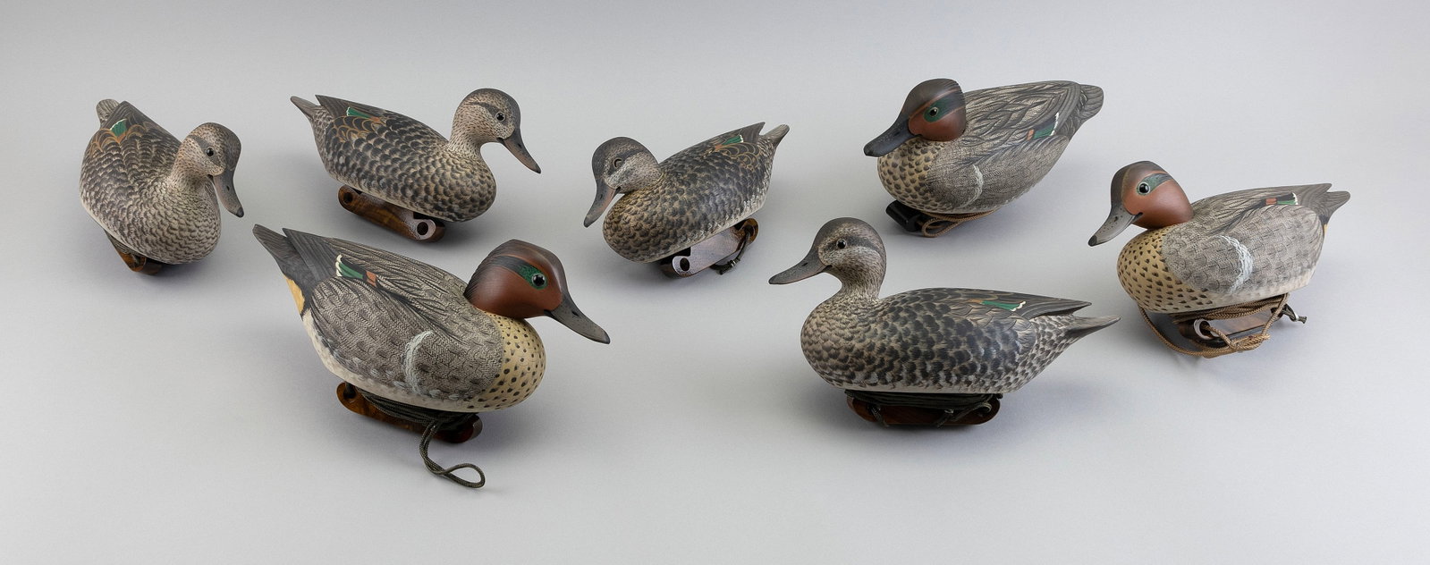 RIG OF MARTY COLLINS GREEN-WINGED TEAL DECOYS East Wareham, Massachusetts, Contemporary Lengths from: RIG OF MARTY COLLINS GREEN-WINGED TEAL DECOYS East Wareham, Massachusetts, Contemporary Three drakes and four hens. All branded "M.D. Collins". Lengths from 11.5" to 12.5".