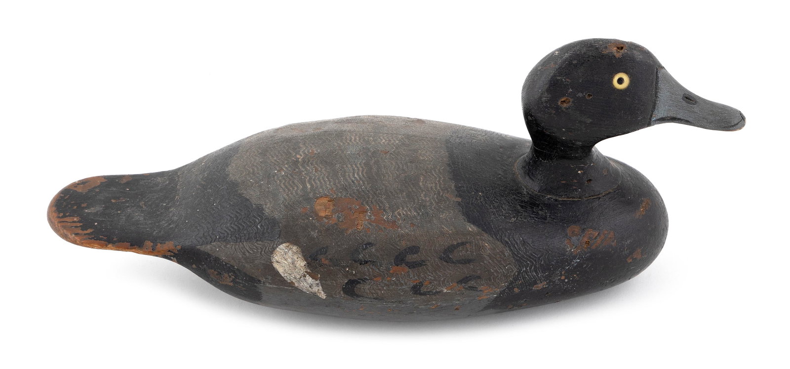STEVENS DECOY FACTORY BLUEBILL DRAKE DECOY Weedsport, New York, 20th Century Length 15".: STEVENS DECOY FACTORY BLUEBILL DRAKE DECOY Weedsport, New York, 20th Century Glass eyes. Length 15". Provenance: An Upstate New York Collection.