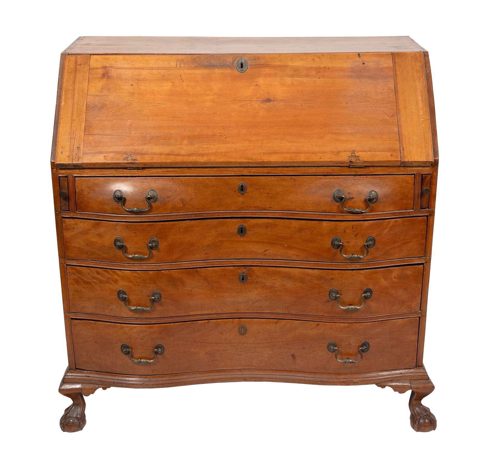 CHIPPENDALE SERPENTINE-FRONT SLANT-LID DESK 18th Century Height 42". Width 41". Depth 22".: CHIPPENDALE SERPENTINE-FRONT SLANT-LID DESK18th CenturyBirch and maple. Slant lid conceals a fitted interior. Case with four graduated full-width drawers and claw & ball feet.Height 42". Width 41". De