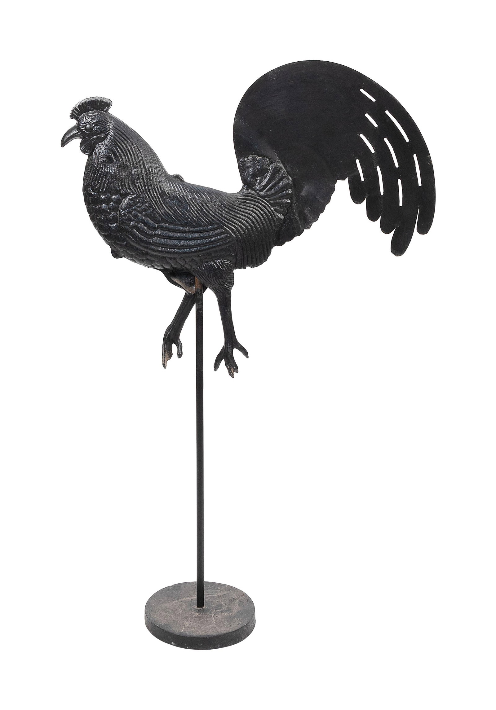 ROCHESTER IRON WORKS ROOSTER WEATHER VANE 19th Century Height 27". Length 31". Includes a: ROCHESTER IRON WORKS ROOSTER WEATHER VANE 19th Century Painted black. Height 27". Length 31". Includes a contemporary iron stand. Provenance: An Upstate New York Collection.