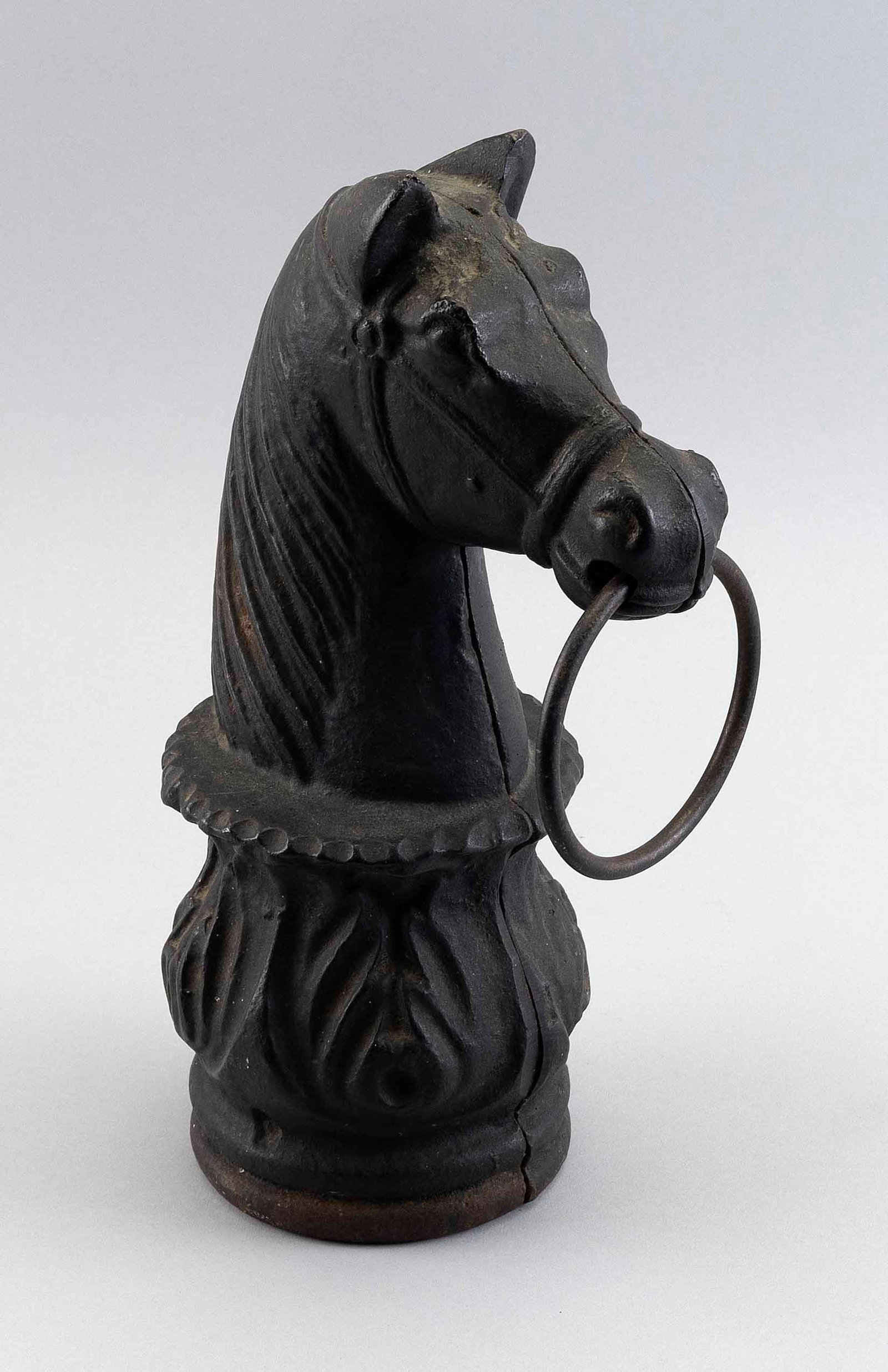 CAST IRON HORSE HEAD HITCHING POST FINIAL Early 19th Century Height 13.25".: CAST IRON HORSE HEAD HITCHING POST FINIAL Early 19th Century Painted black. Plinth with acanthus leaves. Height 13.25". Provenance: An Upstate New York Collection.