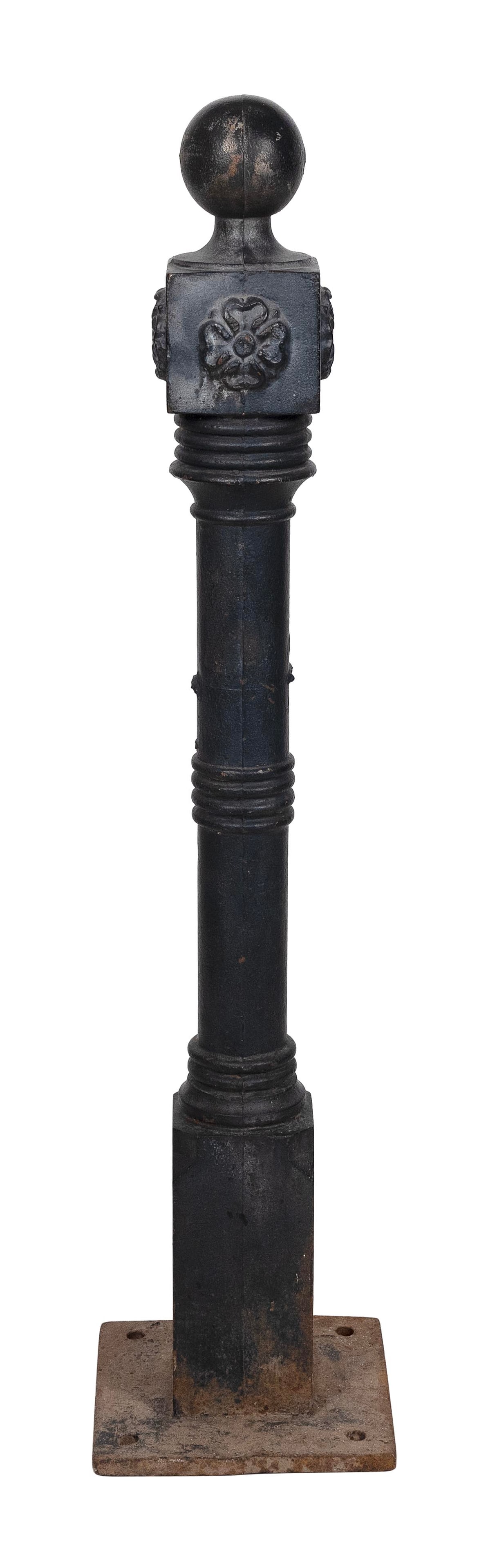 CAST IRON EXTERIOR NEWEL POST 19th Century Height 52".: CAST IRON EXTERIOR NEWEL POST19th CenturyLarge ball and cube finial, the cube with embossed rosettes. Base plate with pre-drilled holes.Height 52". Provenance:An Upstate New York Collection.
