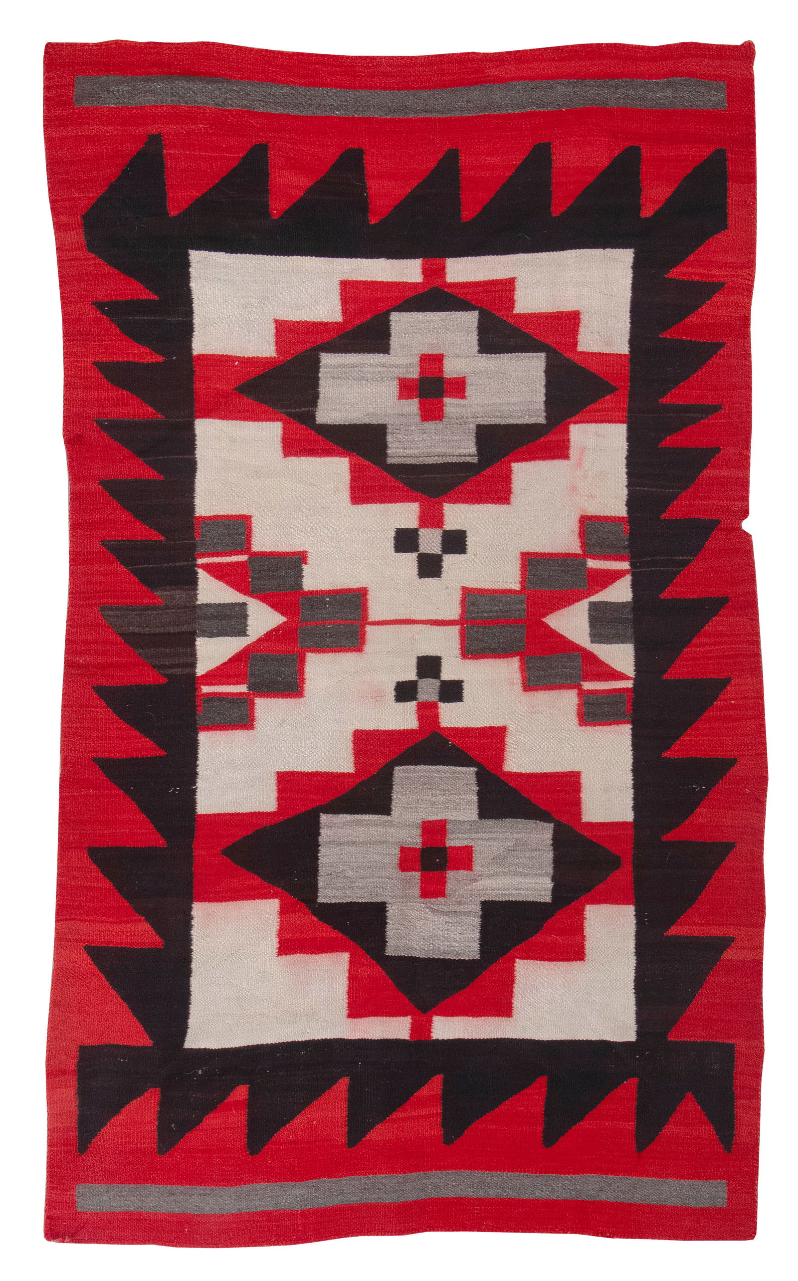 NAVAJO RUG 20th Century 4'4" x 7'5".: NAVAJO RUG20th CenturyRed, black, gray and ivory geometric design.4'4" x 7'5". Provenance:An Upstate New York Collection.