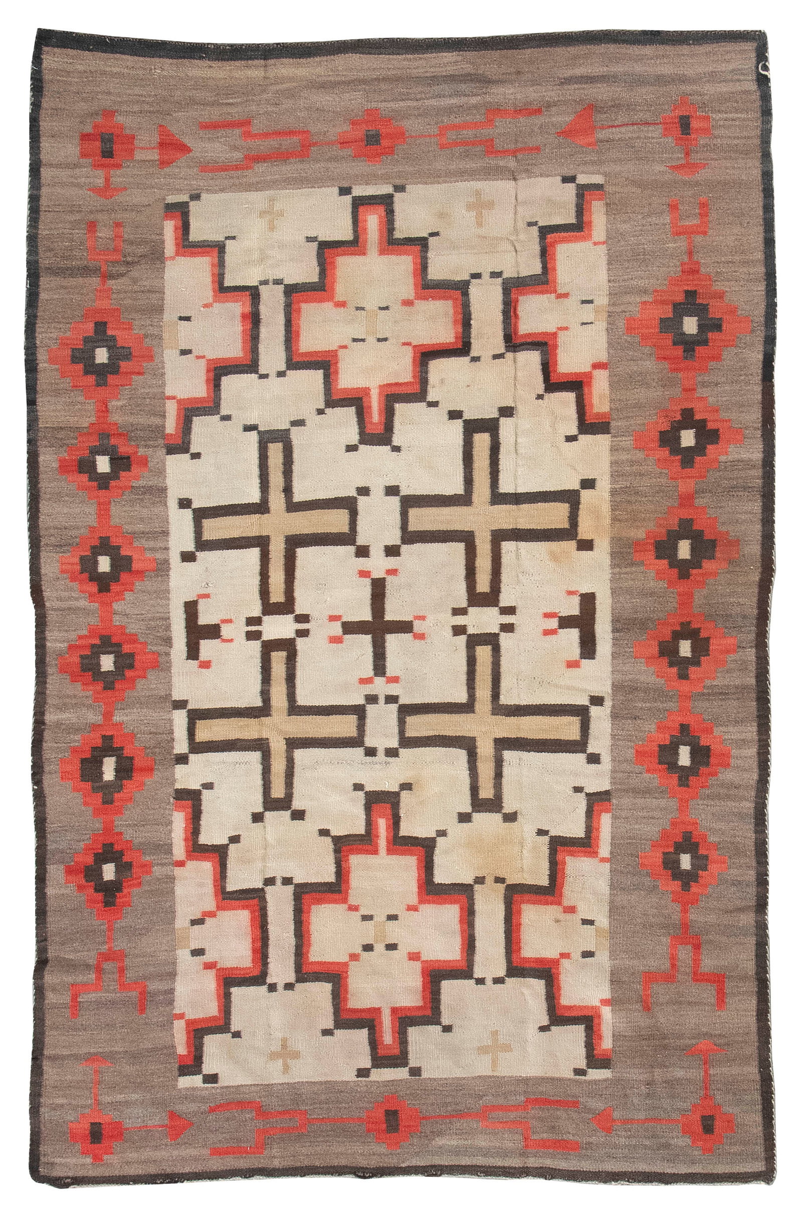 NATIVE AMERICAN RUG Early 20th Century 4'1" x 6'0".: NATIVE AMERICAN RUG Early 20th Century Ivory field with bold tan, brown, red and ivory geometric medallions and crosses. Light brown border with red and brown blossoms and branches. 4'1" x 6'0".