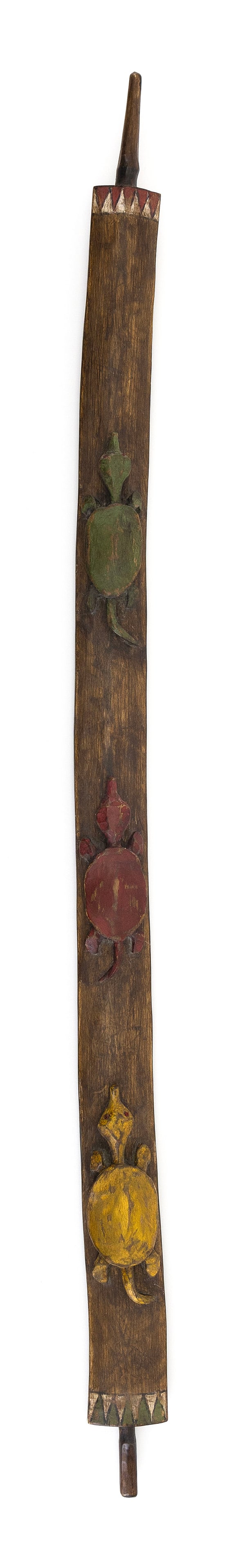 SIOUX RELIEF-CARVED WOODEN PIPE STEM Early 20th Century Total length 30.75".: SIOUX RELIEF-CARVED WOODEN PIPE STEM Early 20th Century Turtle design. Total length 30.75". Provenance: Private Collection, Wisconsin.
