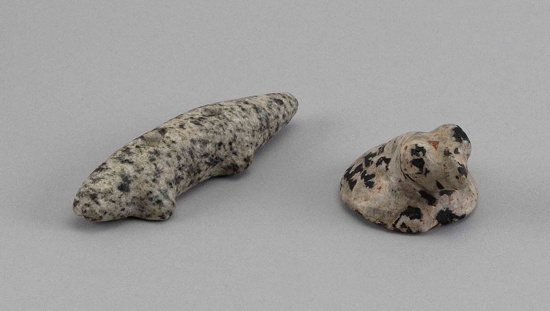TWO NATIVE AMERICAN STONE CARVINGS Lengths 2.25" and 4".: TWO NATIVE AMERICAN STONE CARVINGS One resembling a lizard and the other a popeye bird. Bird with label for "Wm. Berry Coll.". Lengths 2.25" and 4". Provenance: Private Collection, Wisconsin.