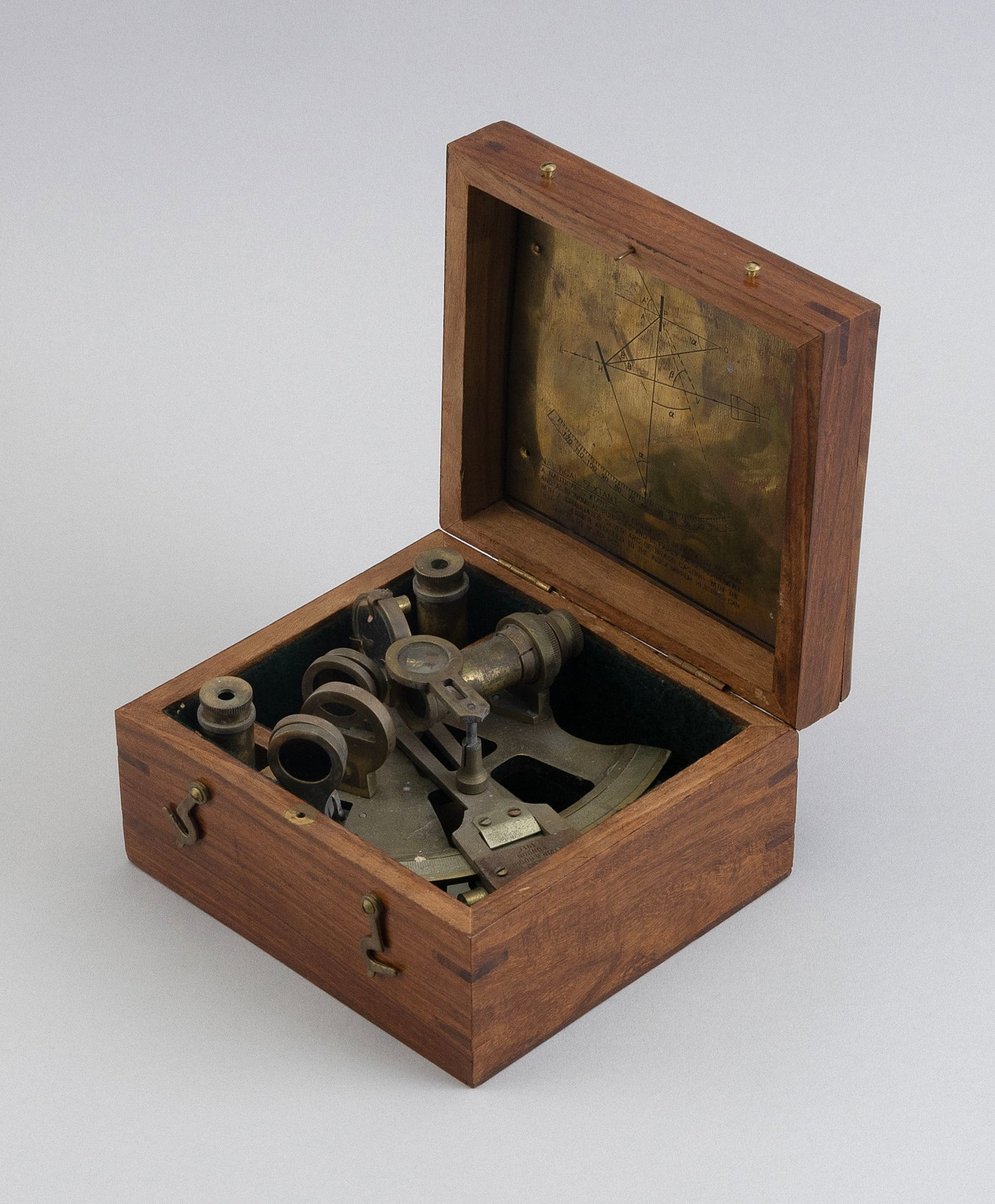 BOXED KELVIN & HUGHES BRASS SEXTANT London, 20th Century Box height 3.5". Width 6". Depth 5.5".: BOXED KELVIN & HUGHES BRASS SEXTANT London, 20th Century Marked "Kelvin & Hughes London 1917". Fitted mahogany box with brass "Nautical Sextant" informational plaque on interior of lid. Box height 3.5