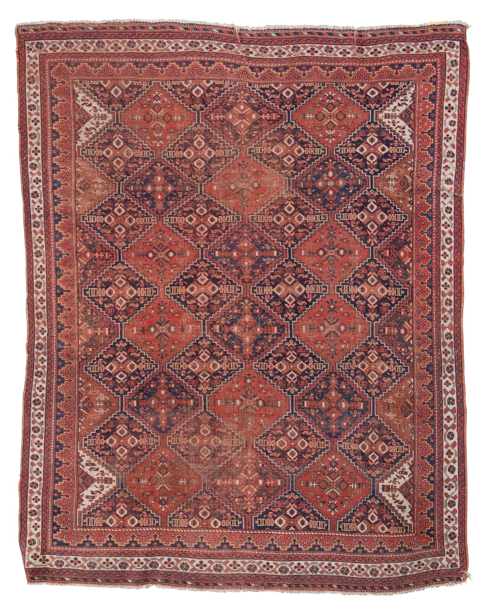 QASHQAI RUG: 5'0" X 6'6" Second Quarter of the 20th Century: QASHQAI RUG: 5'0" X 6'6" Second Quarter of the 20th Century Field composed of red and blue contiguous geometric medallions, each medallion enclosing a repeating stylized element. Multiple bright ivory