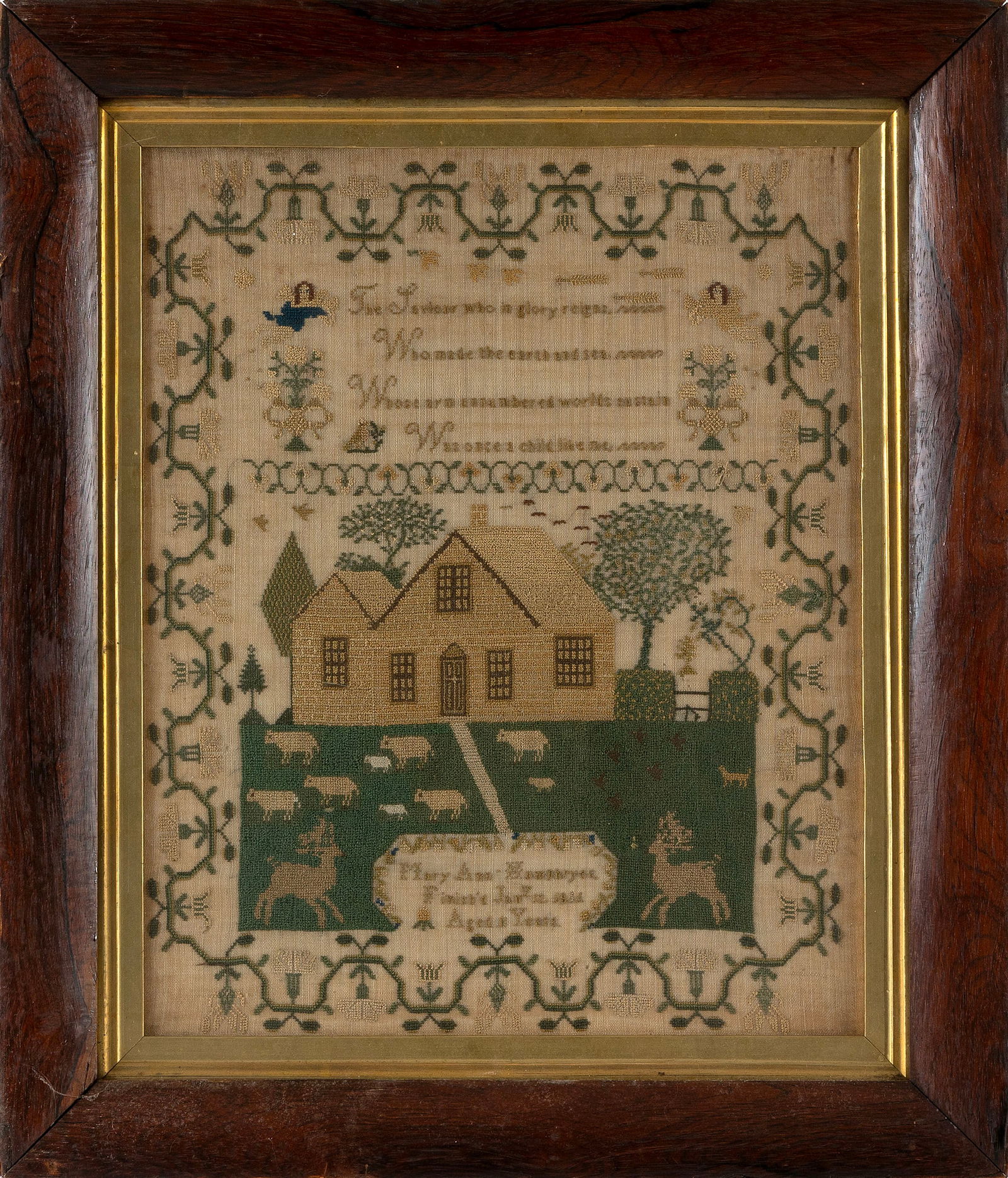 NEEDLEWORK SAMPLER 19th Century 15" x 12" sight. Framed 20.5" x 17.5".: NEEDLEWORK SAMPLER19th Century"Mary Ann Humphryes Finish'd Jan 12, 1811 Aged 11 Years". Upper section with verse "The Saviour who in glory reigns, Who made the earth and sea, Whose arm unnumbered worl