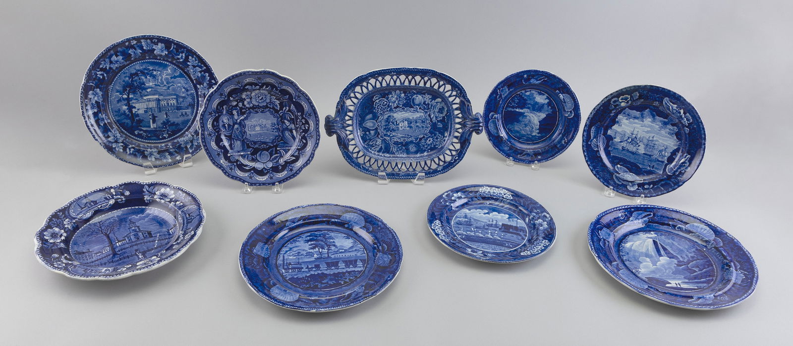 NINE PIECES OF HISTORICAL BLUE STAFFORDSHIRE 19th Century Diameters from 7.5" to 10".: NINE PIECES OF HISTORICAL BLUE STAFFORDSHIRE19th Century1-8) Eight plates: "Capitol Washington", "Table Rock Niagara", "The Baltimore & Ohio Railroad", "Winter View of Pittsfield, Mass", "Landing of G