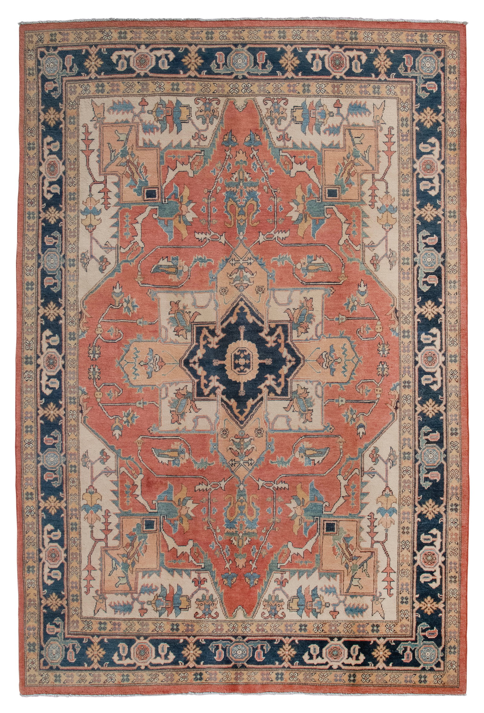 SERAPI DESIGN RUG: 6'0" X 8'10" 21st Century: SERAPI DESIGN RUG: 6'0" X 8'10" 21st Century Light terracotta field contains a light ivory and pale salmon pink gabled medallion with a navy blue center. Salmon, light blue, light teal green and ivory