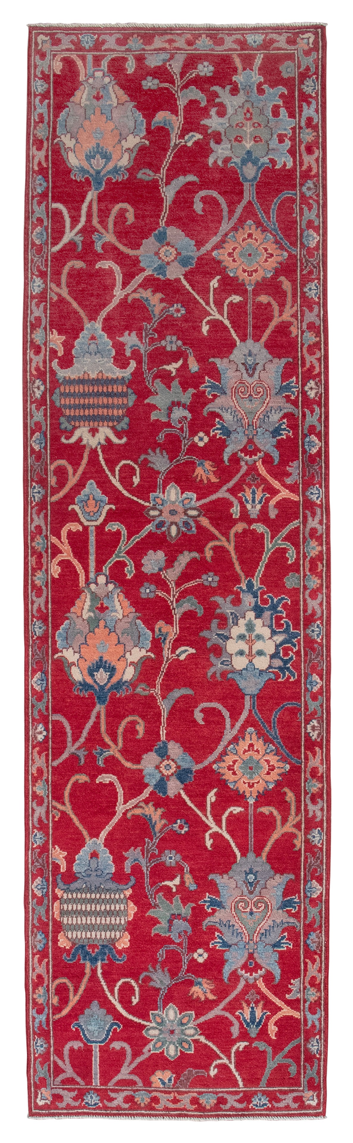 PERSIAN DESIGN RUNNER: 2'8" X 9'7" 21st Century: PERSIAN DESIGN RUNNER: 2'8" X 9'7" 21st Century A contemporary array of elegant blue, gray, salmon pink, subtle celadon green and bright ivory stylized elements cross the length of a scarlet red field