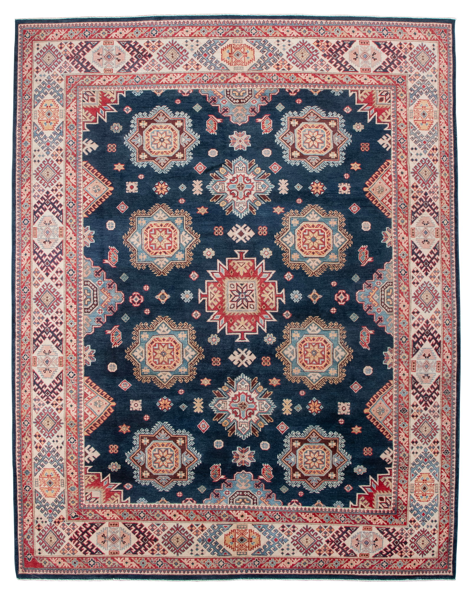 SHIRVAN DESIGN RUG: 8'0" X 10'0" 21st Century: SHIRVAN DESIGN RUG: 8'0" X 10'0" 21st Century Navy blue field with traditional geometric medallions, all containing and surrounded by neatly arrayed stylized elements rendered in shades of bright red,