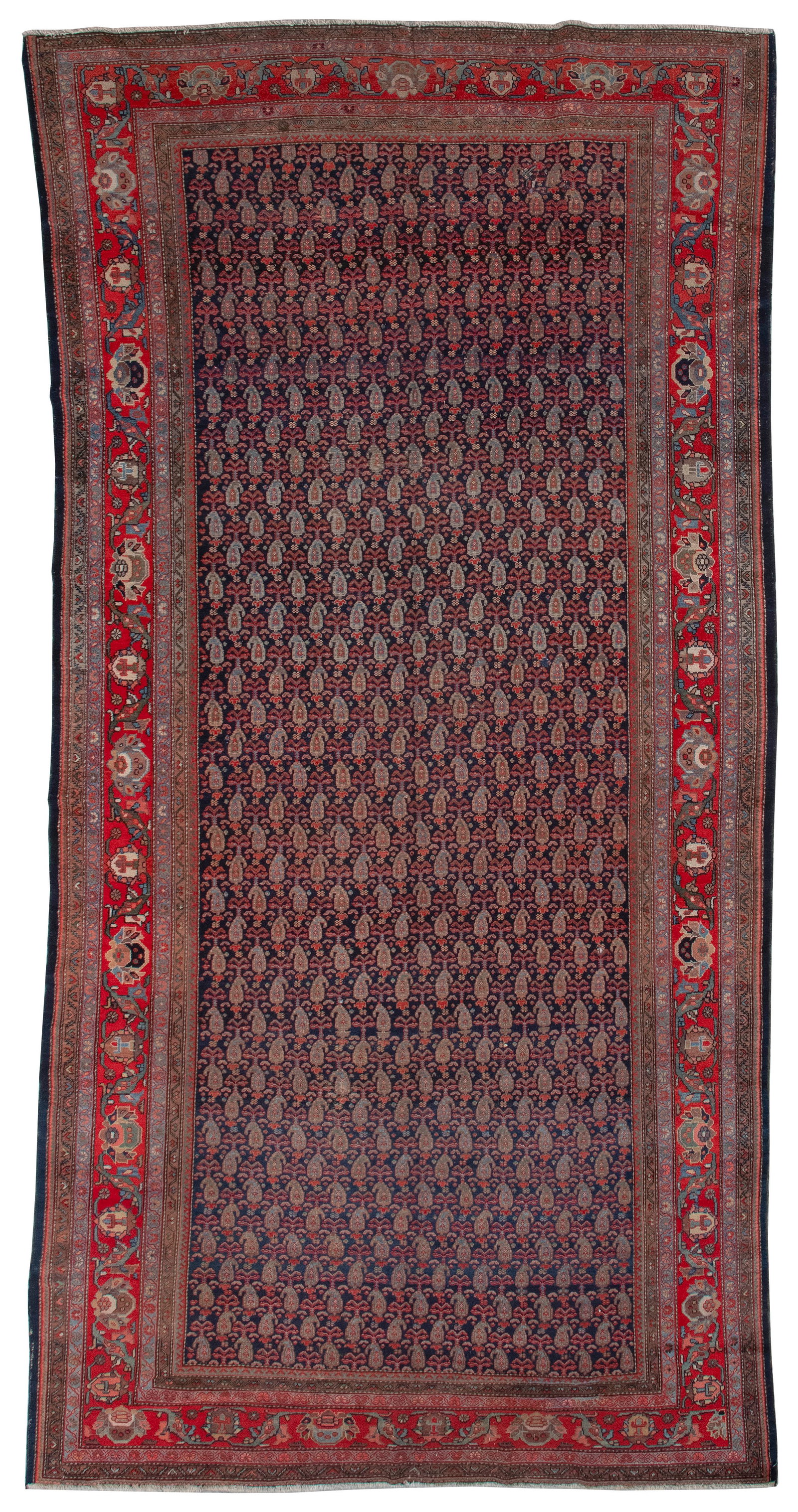 MALAYER RUG: 6'10" X 14'1" Circa 1925: MALAYER RUG: 6'10" X 14'1" Circa 1925 Staggered rows of sky blue, green, red and khaki boteh saturate a navy blue field. Guard borders with intricate motifs in colors echoing the boteh. Serpentine blo