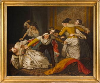 GEORGE A. BEIGEL (Germany, 1820-1897), Playing games., Oil on canvas, 29" x 36". Framed 34" x 41".