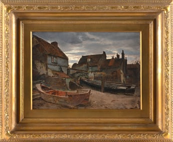 AMERICAN SCHOOL (19th Century,), Continental shore scene., Oil on canvas, 10" x 14". Framed 17.5" x