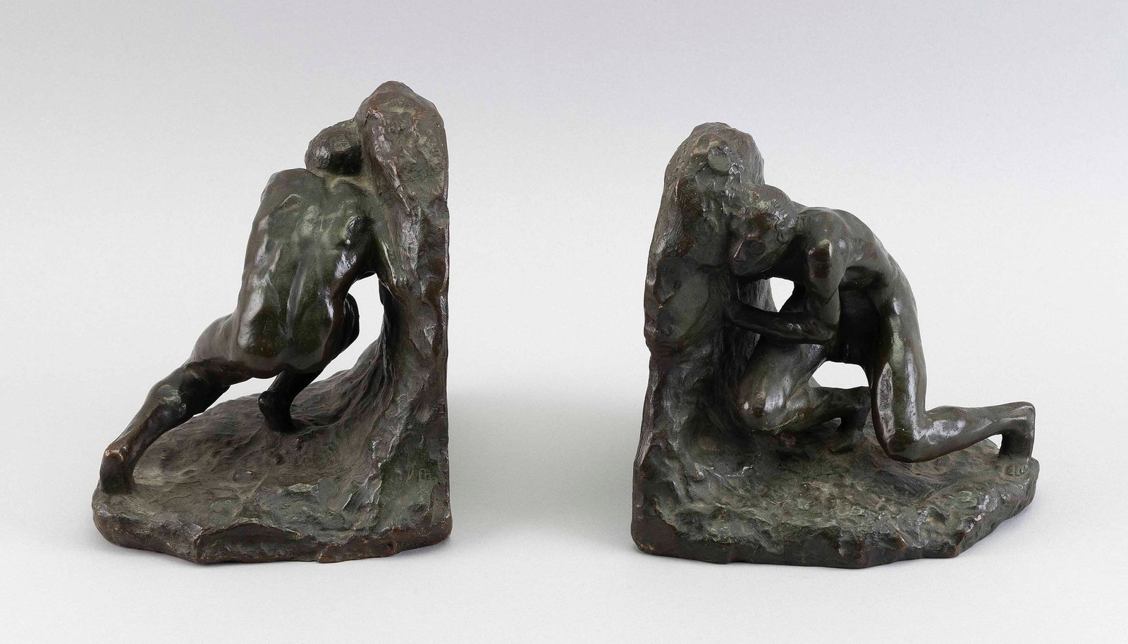 ATTRIBUTED TO CHARLES ALLAN GRAFLY (Pennsylvania/Massachusetts, 1862-1929), Pair of bookends formed: ATTRIBUTED TO CHARLES ALLAN GRAFLY Pennsylvania/Massachusetts, 1862-1929 Pair of bookends formed as nude male figures. Unsigned. Heights 7.25".