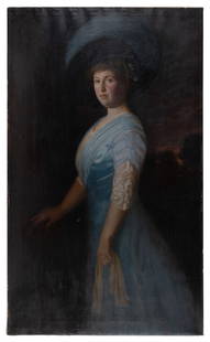 ARTHUR MERTON HAZARD (Massachusetts/California, 1872-1930), Three-quarter-length portrait of a woman: ARTHUR MERTON HAZARDMassachusetts/California, 1872-1930Three-quarter-length portrait of a woman in blue, circa 1910. Signed lower left "A.M. Hazard". Purported to be Mrs. Flagler when purchased in Flo