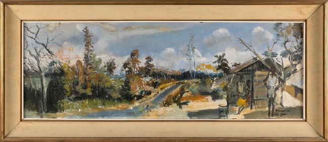 BENEDICT ENWONWU (Nigeria, 1917-1994), "The Road to Benin"., Oil on masonite, 14" x 42.5". Framed