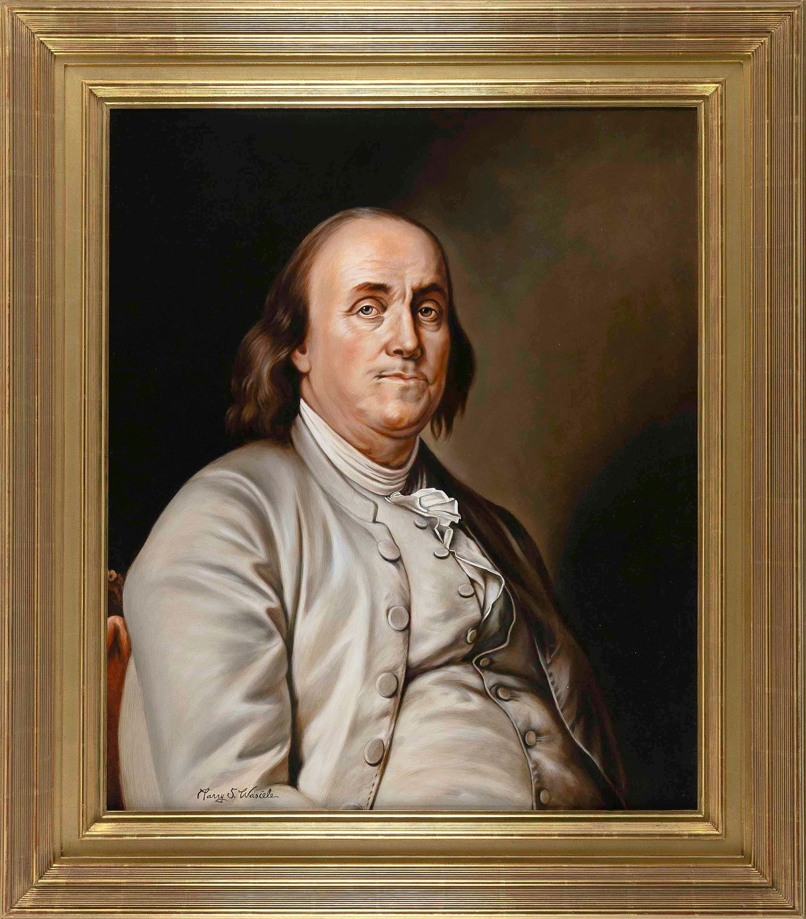 LARRY S. WASIELE (Connecticut, Contemporary), Portrait of Benjamin Franklin., Oil on canvas, 36" x (1 of 2)