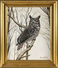 LARRY S. WASIELE (Connecticut, Contemporary), Owl perched in a tree., Oil on board, 20" x 16".