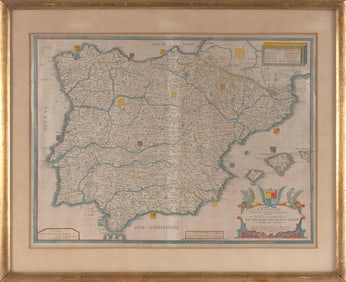 MAP OF SPAIN 17th Century Hand-colored engraving on paper, 15.5" x 21" sight. Framed 21" x 25".
