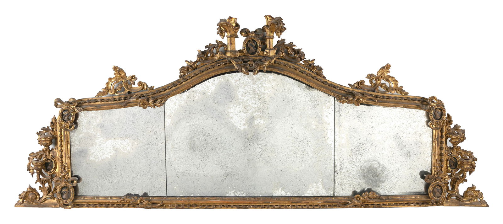 ORNATE GILT OVER-MANTEL MIRROR Late 18th Century Height 28". Width approx. 61". (1 of 2)