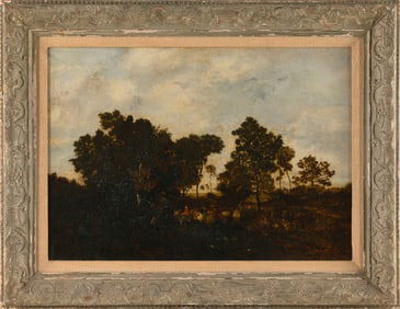 THEODORE ROUSSEAU (France, 1812-1867), Twilight forest scene., Oil on canvas, 15" x 21". Framed 20"