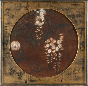 JAPANESE SCHOOL (19th Century,), Flowers., Oil on board, diameter 12.5" sight. Framed 16" x 16".
