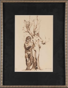 ROBERT WHITE (America, 20th Century), Male and female nudes by a tree., Watercolor on paper, 12" x
