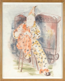 AMERICAN SCHOOL (20th Century,), Portrait of a circus clown seated on a stool., Watercolor on paper,