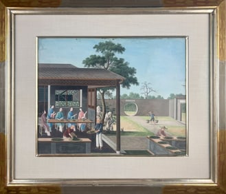 CHINESE EXPORT SCHOOL (19th Century,), Tea or silk production, Gouache on paper, 16" x 20". Framed