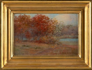 NATHANIEL LEANDER BERRY (Massachusetts, 1859-1929), Autumnal landscape., Oil on board, 6" x 9".