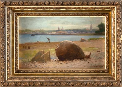 LEMUEL D. ELDRED (Massachusetts, 1848-1921), Clammer, New Bedford Harbor., Oil on canvas, 7" x 11".