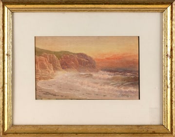LEMUEL D. ELDRED (Massachusetts, 1848-1921), Sunset off a cliff-lined coast., Watercolor, 7.5" x