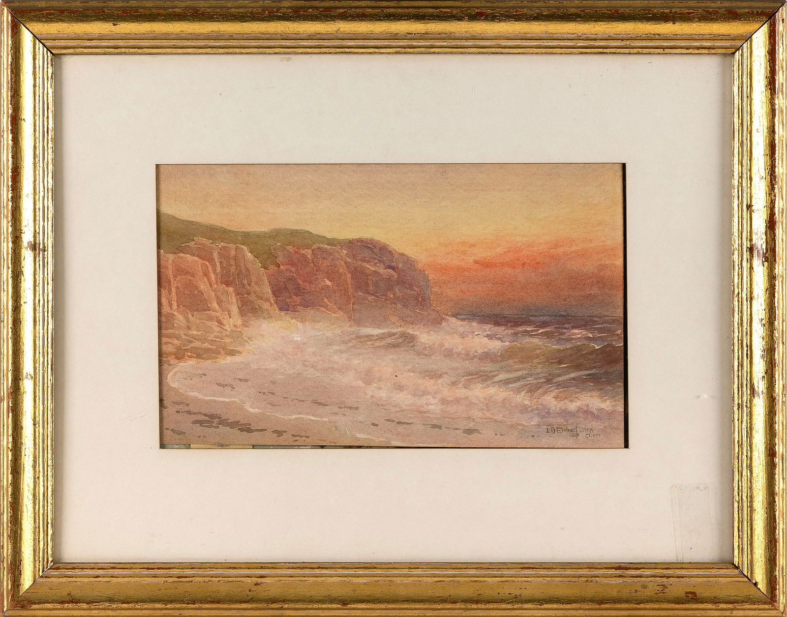 LEMUEL D. ELDRED (Massachusetts, 1848-1921), Sunset off a cliff-lined coast., Watercolor, 7.5" x (1 of 2)
