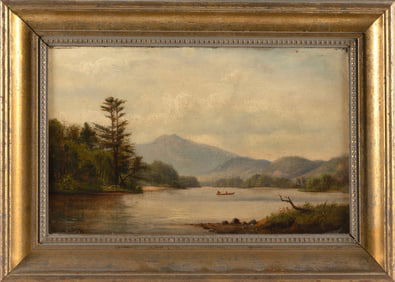 LEMUEL D. ELDRED (Massachusetts, 1848-1921), Boaters on a mountain lake, likely New Hampshire., Oil