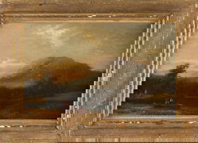 ATTRIBUTED TO LEMUEL D. ELDRED (Massachusetts, 1848-1921), Mountain lake landscape with figures, a